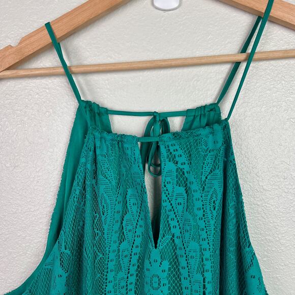 Gianni Bini Size Medium Teal Green Lace Sleeveless Dress with Fringe Hem Halter - Picture 2 of 10